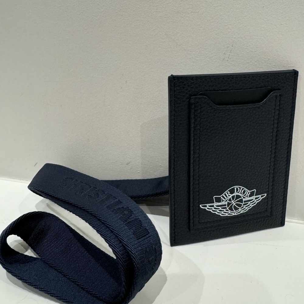 NWT CHRISTIAN DIOR X AIR JORDAN WINGS LEATHER LANYARD CARD HOLDER BLUE
